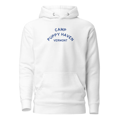 Camp Puppy Haven Vermont hoodie in White with navy three-tier camp lettering