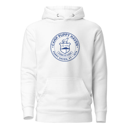 Camp Puppy Haven Badge Hoodie in White with navy chest seal