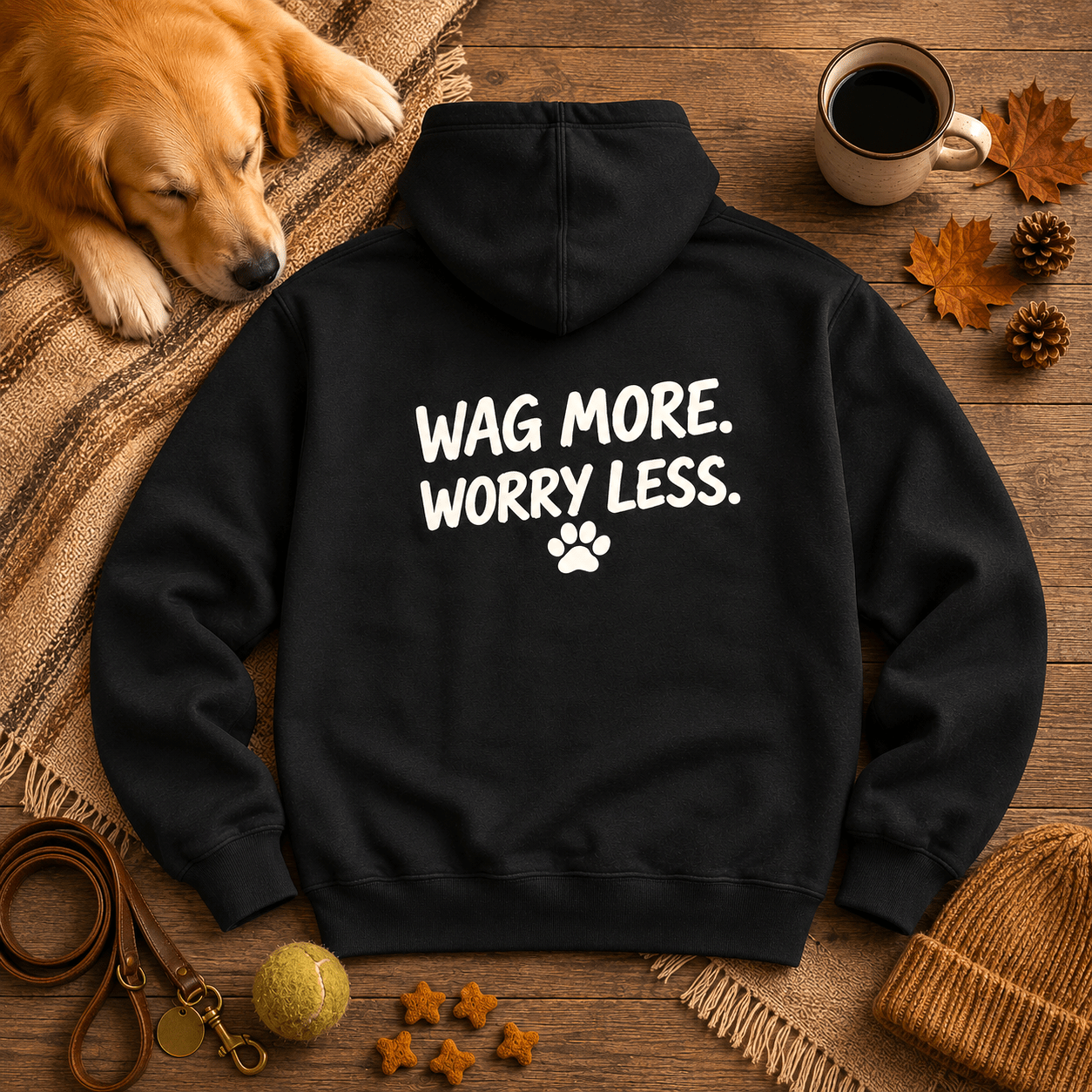 Black Wag More. Worry Less. hoodie styled flat on warm wood with a leather leash, chewed tennis ball, treats, and a coffee mug.
