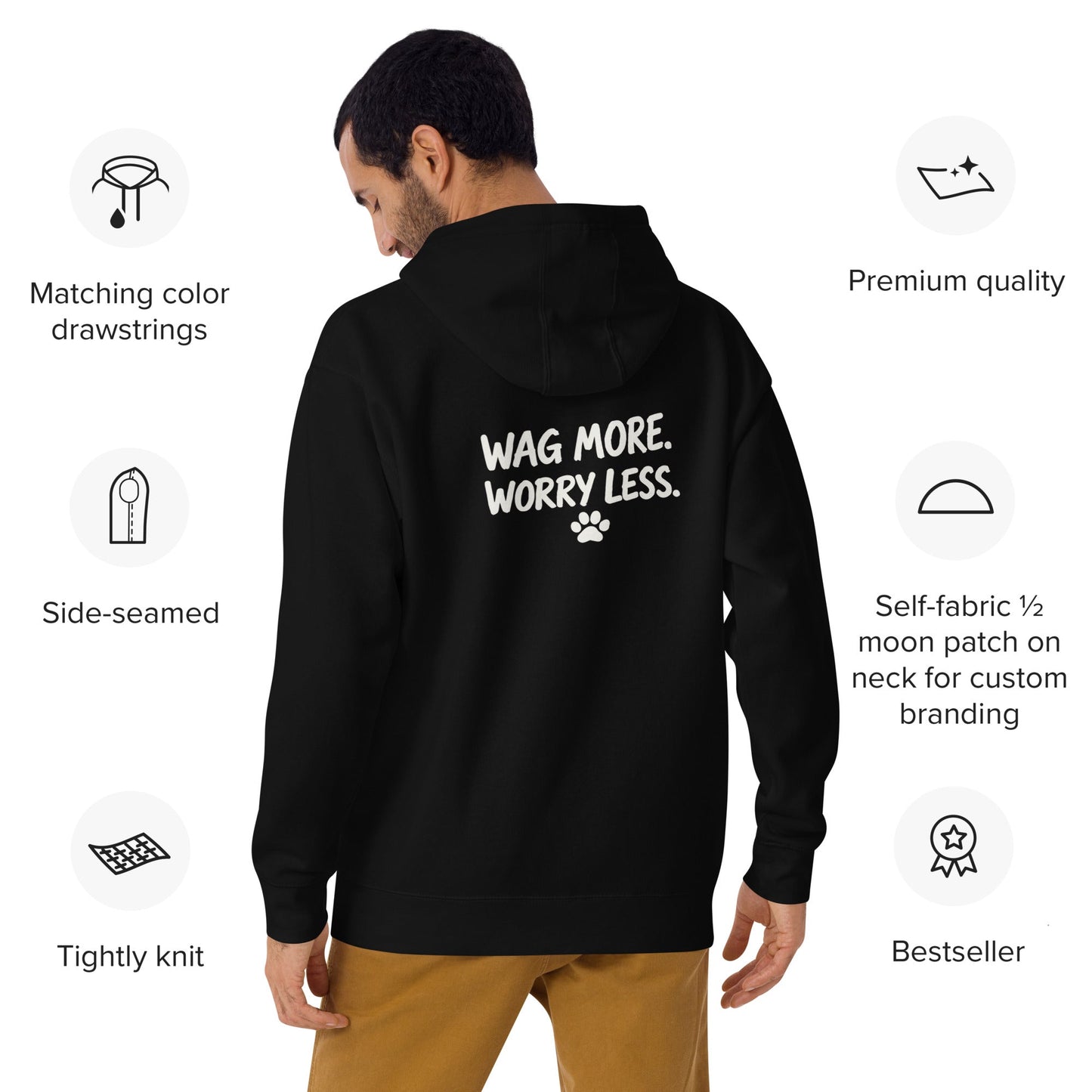 Model from behind in the black Wag More. Worry Less. hoodie, with callouts for the fleece, drawstrings, and neck patch.