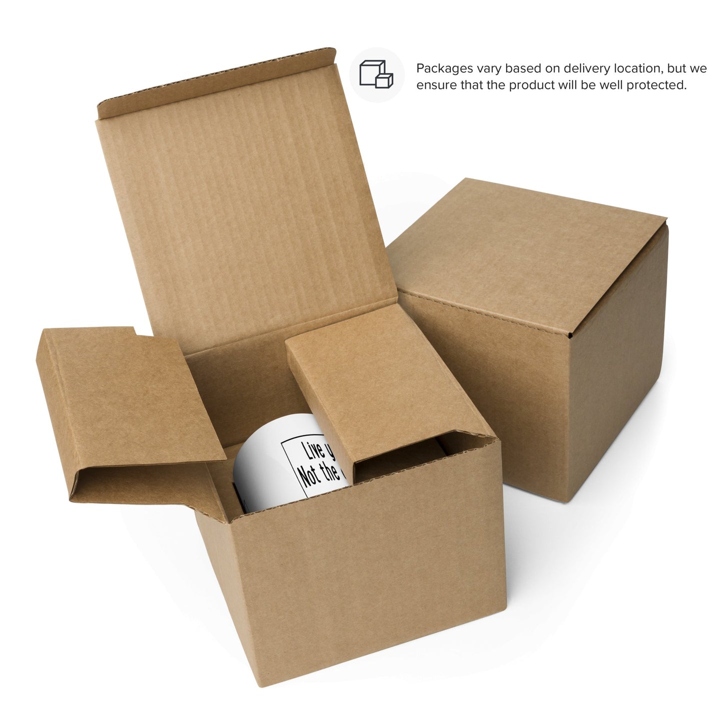 Three open cardboard boxes, one revealing a White glossy Mug Live Your Life. Not The Other Dog's by THiNK LiKE A DOG® printed on it. Text notes that package protection varies by delivery location.