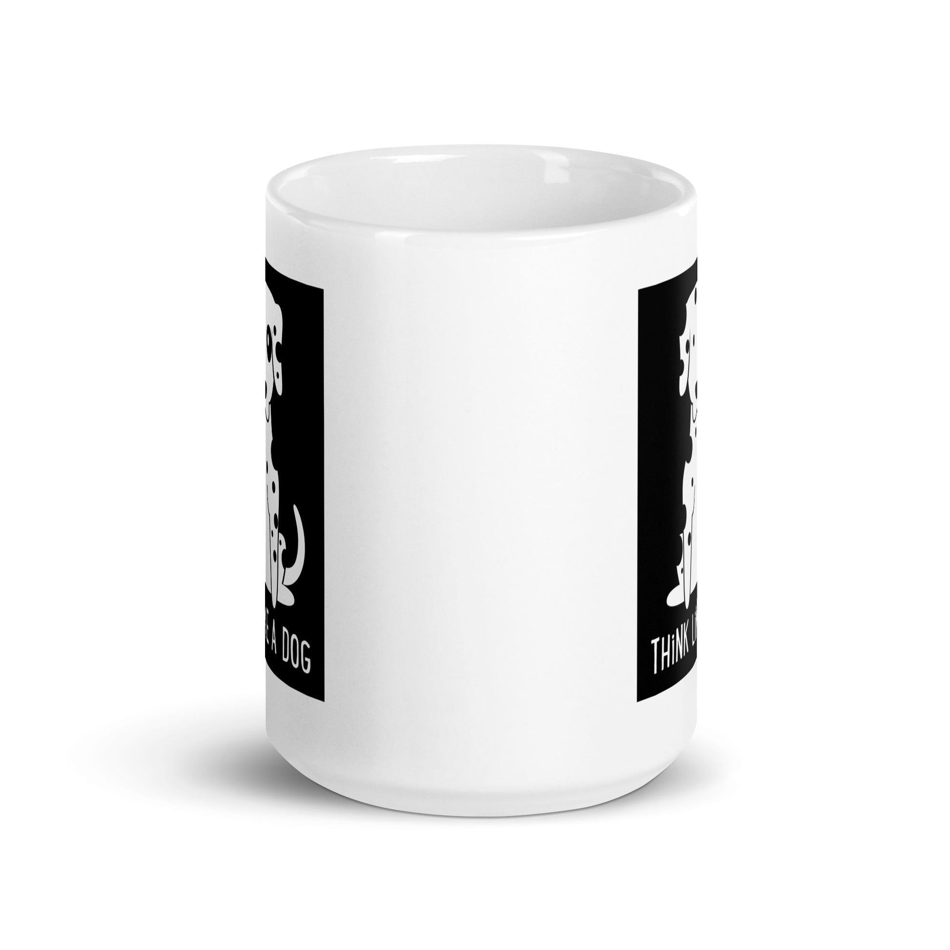 White Glossy Mug Spot Black & White with black text "THiNK LiKE A DOG®" on a white background.