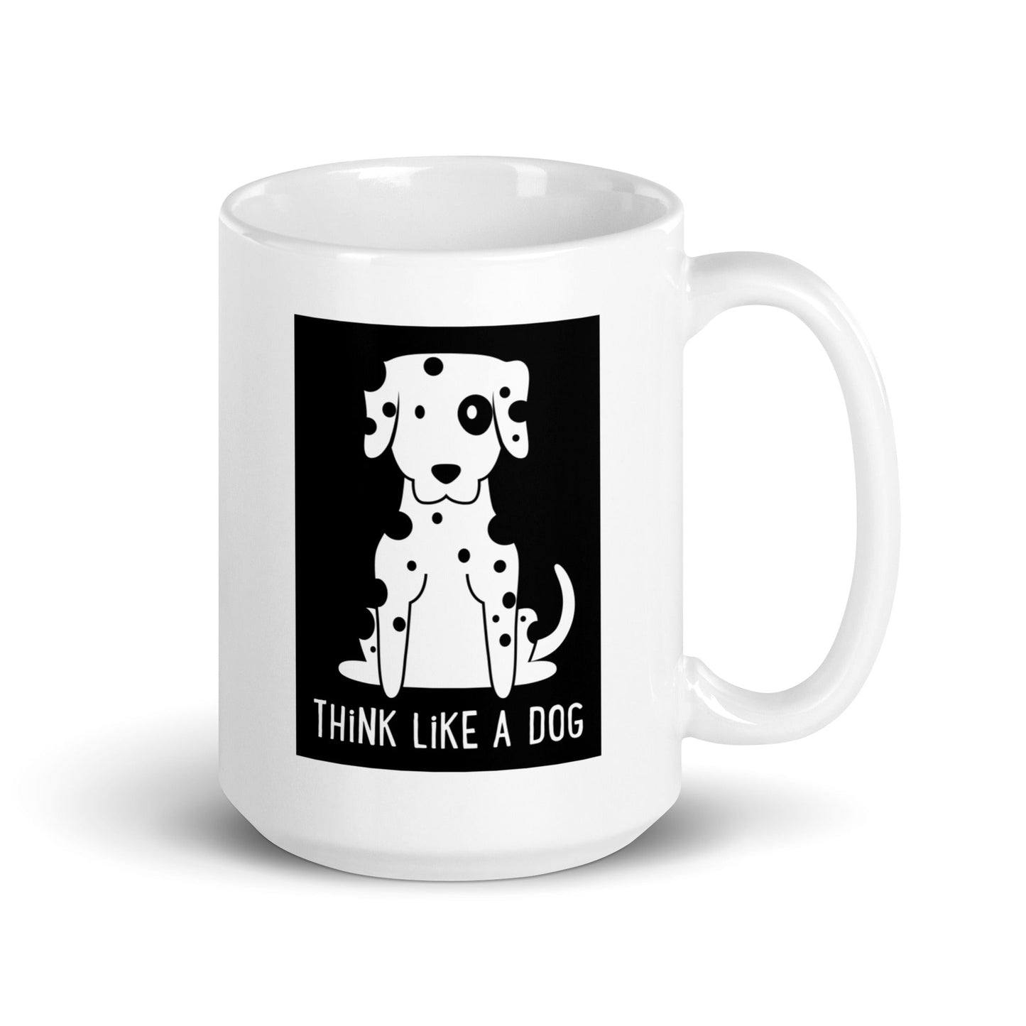 White Glossy Mug Spot Black & White with a black and white illustration of a dalmatian and the phrase "THiNK LiKE A DOG®" on its side.