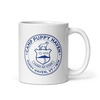 Camp Puppy Haven Badge Mug, 11 oz white glossy ceramic with navy badge seal, handle on right