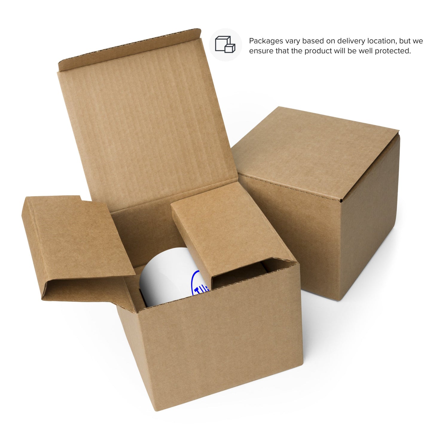 A cardboard box with a THiNK LiKE A DOG® Blue Logo on White Glossy Mug and a roll of paper.