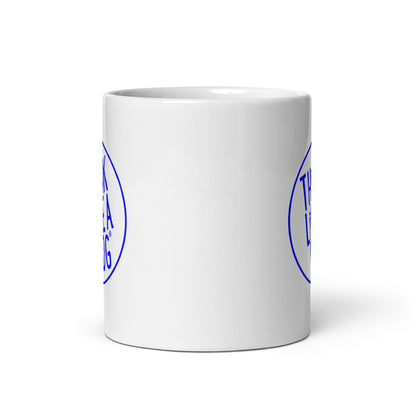 A THiNK LiKE A DOG® Blue Logo on White Glossy Mug with a blue dog logo on it.