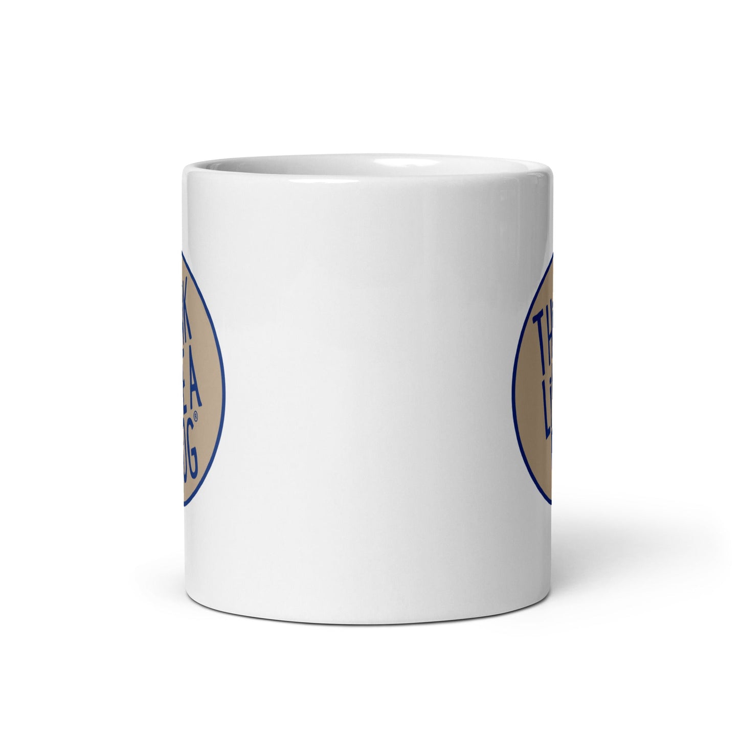 A white THINK LiKE A DOG® Blue & Tan Colorway Logo on White Glossy Mug.