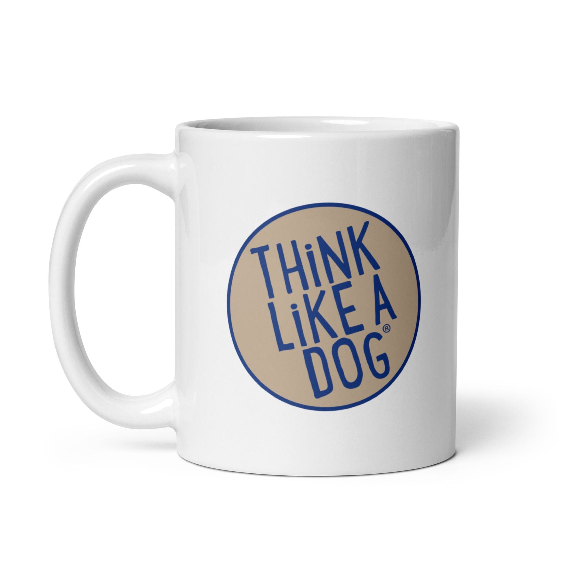 THiNK LiKE A DOG® Blue & Tan Colorway Logo on White Glossy Mug for dog lovers.