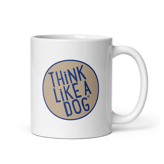 THiNK LiKE A DOG® Blue & Tan Colorway Logo on White Glossy Mug for dog lovers.