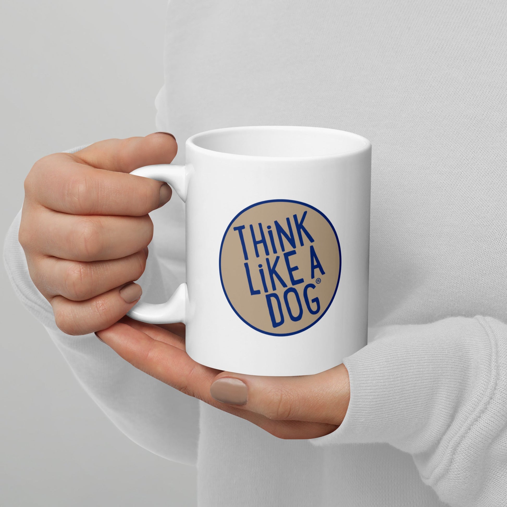 THiNK LiKE A DOG® Blue & Tan Colorway Logo on White Glossy Mug for dog lovers.