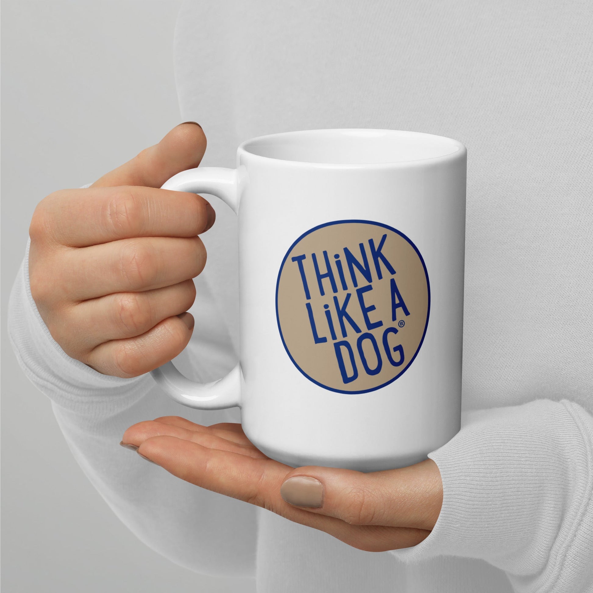 Think like a dog, THINK LiKE A DOG® Blue & Tan Colorway Logo on White Glossy Mug for dog lovers.