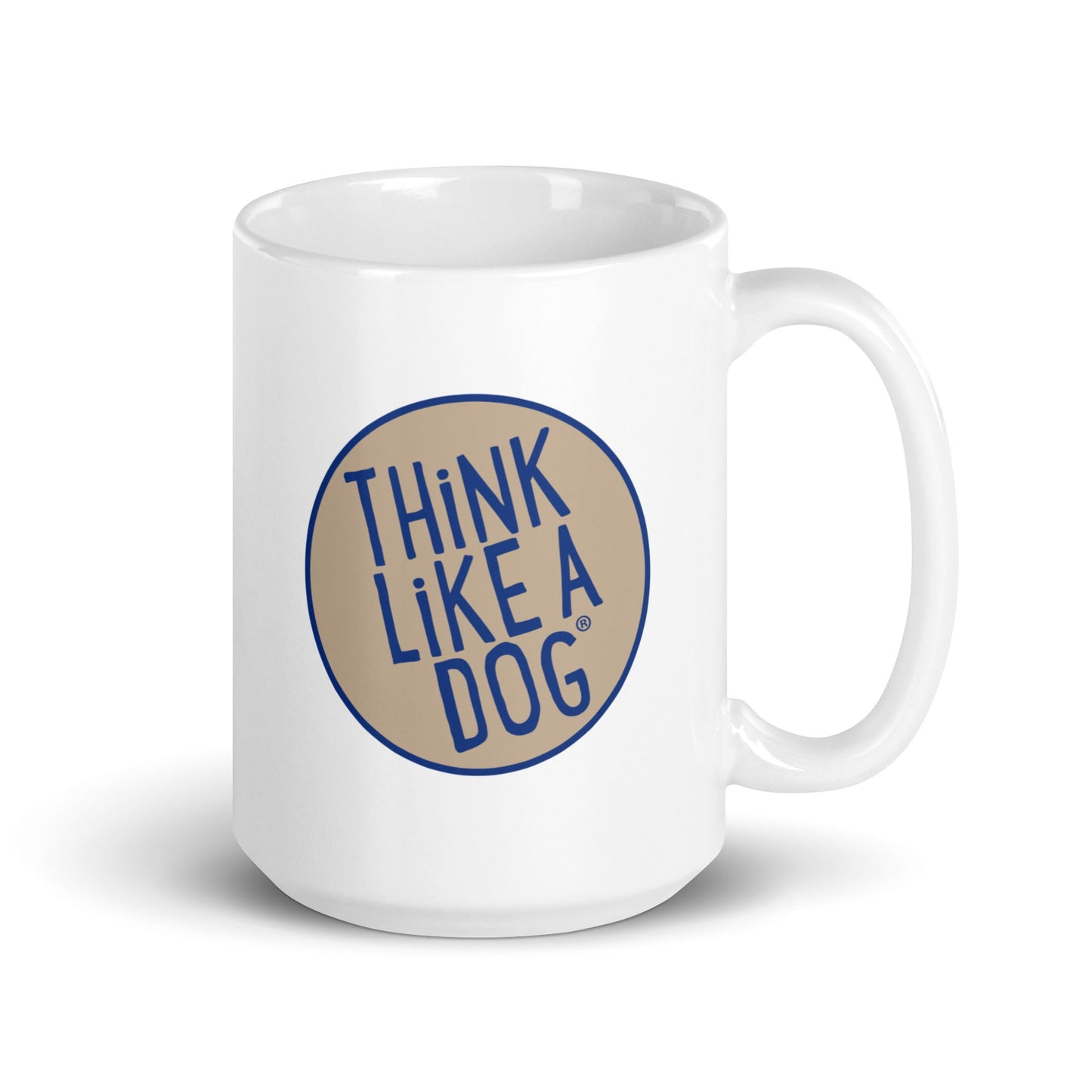 THiNK LiKE A DOG® Blue & Tan Colorway Logo on White Glossy Mug for Dog Lovers.