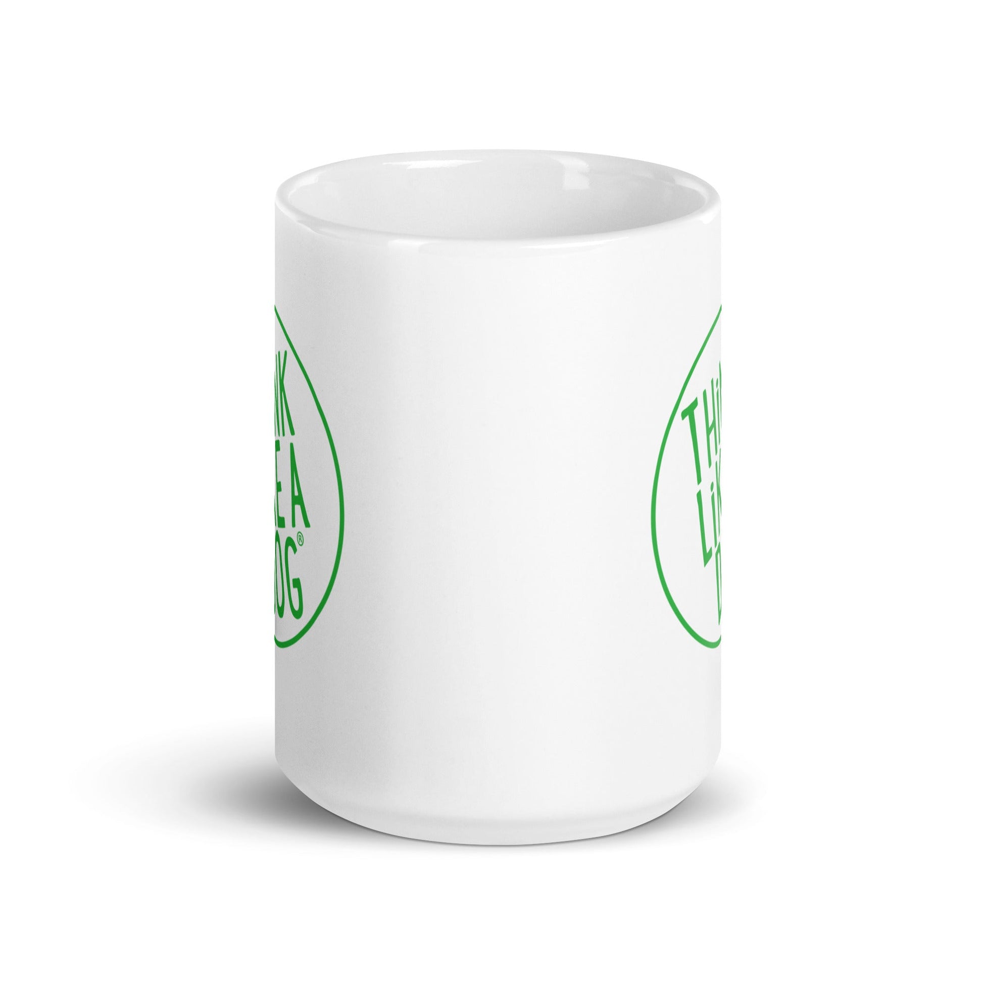 A THiNK LiKE A DOG® Green Logo on White Glossy Mug for dog lovers.