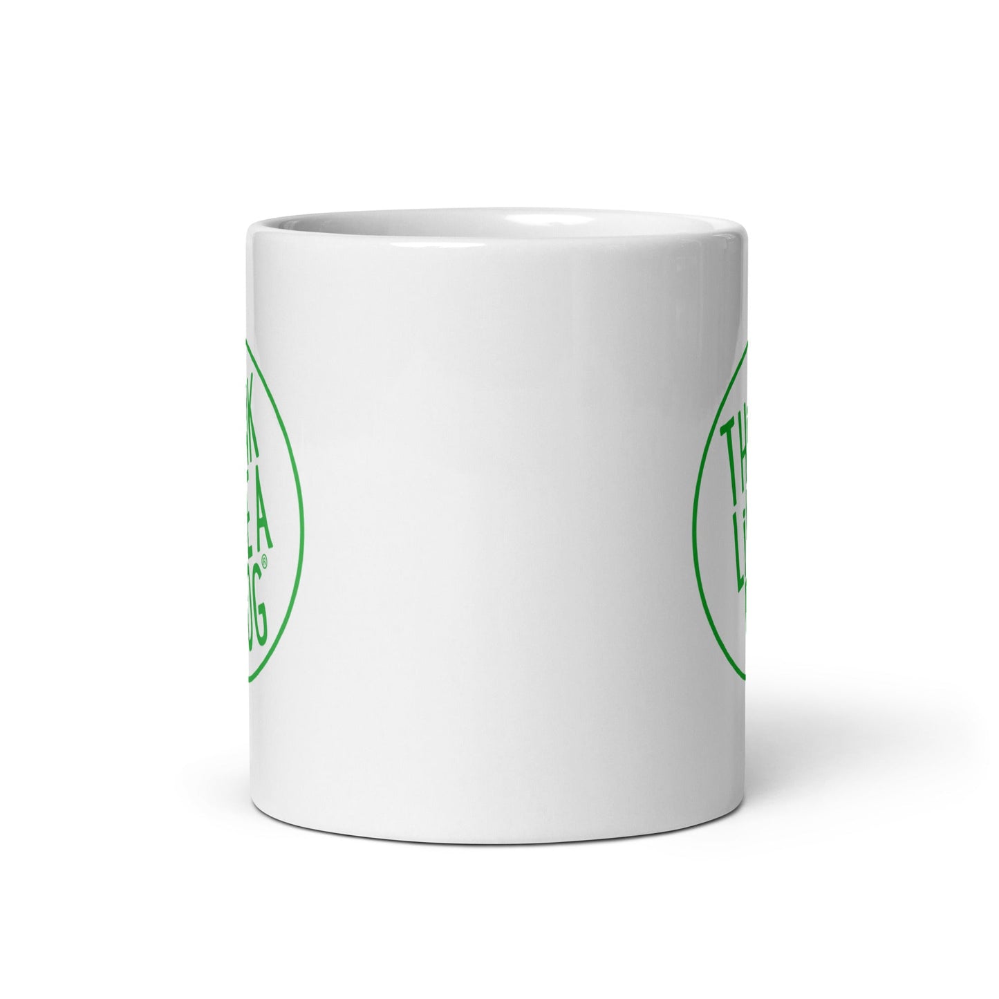 A white mug with a THiNK LiKE A DOG® Green Logo for dog lovers.