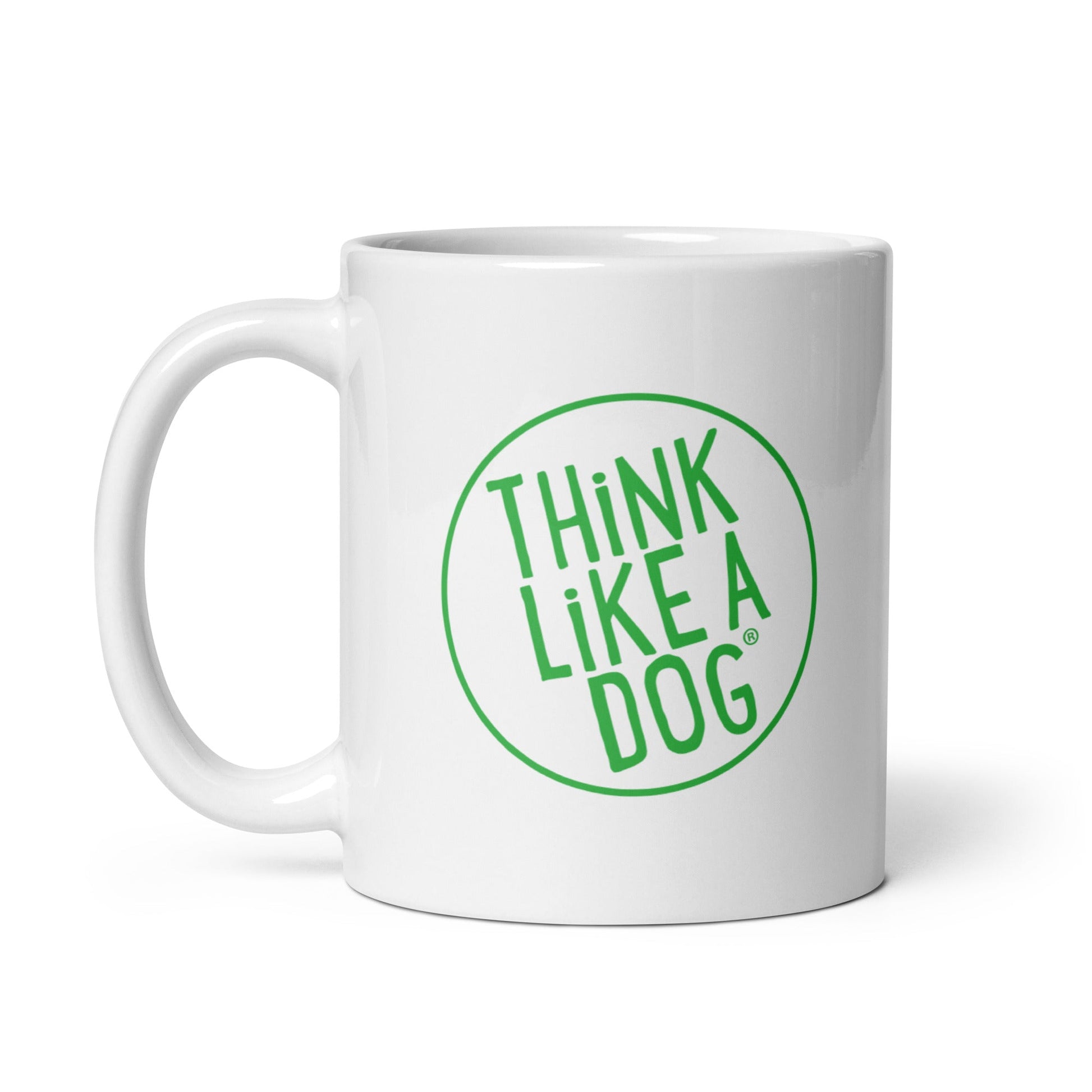 Think Like a Dog THiNK LiKE A DOG® Green Logo on White Glossy Mug for Dog Lovers.