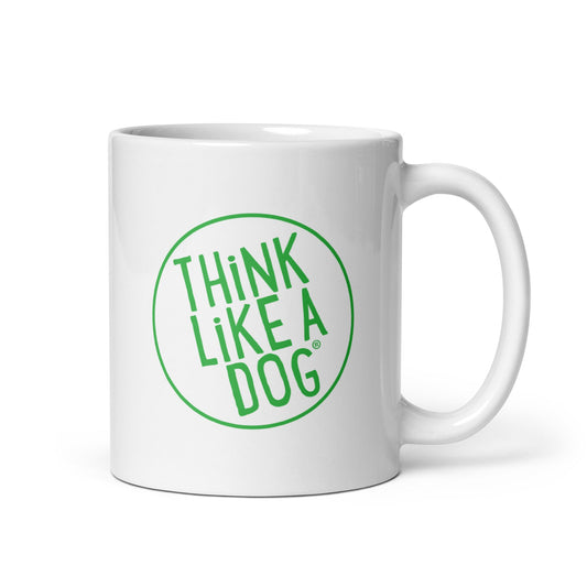THiNK LiKE A DOG® Green Logo on White Glossy Mug for Dog Lovers.