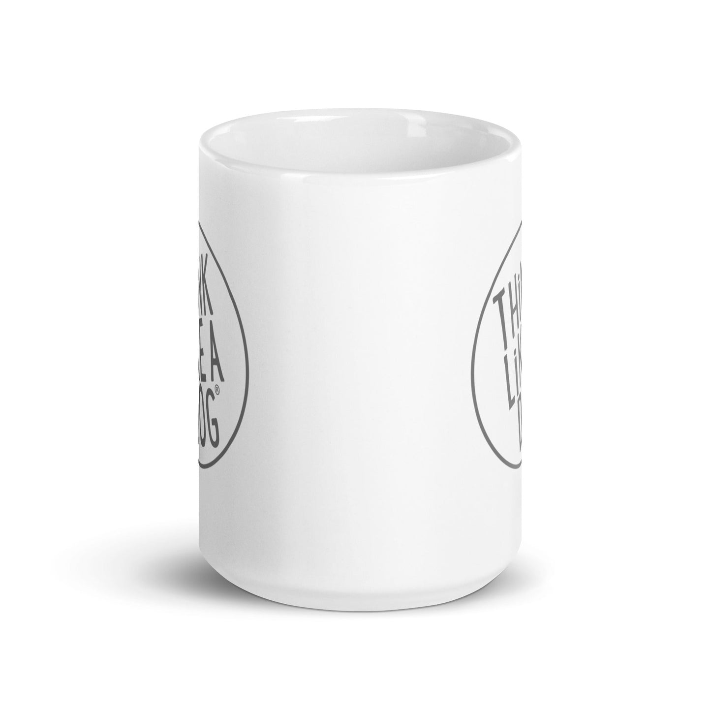 White glossy mug with THiNK LiKE A DOG® logo design for dog lovers on a white background.