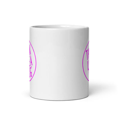White Glossy Mug with purple graphics and text on both sides, perfect for dog lovers: White Glossy Mug Magenta THiNK LiKE A DOG® Logo from THiNK LiKE A DOG®.