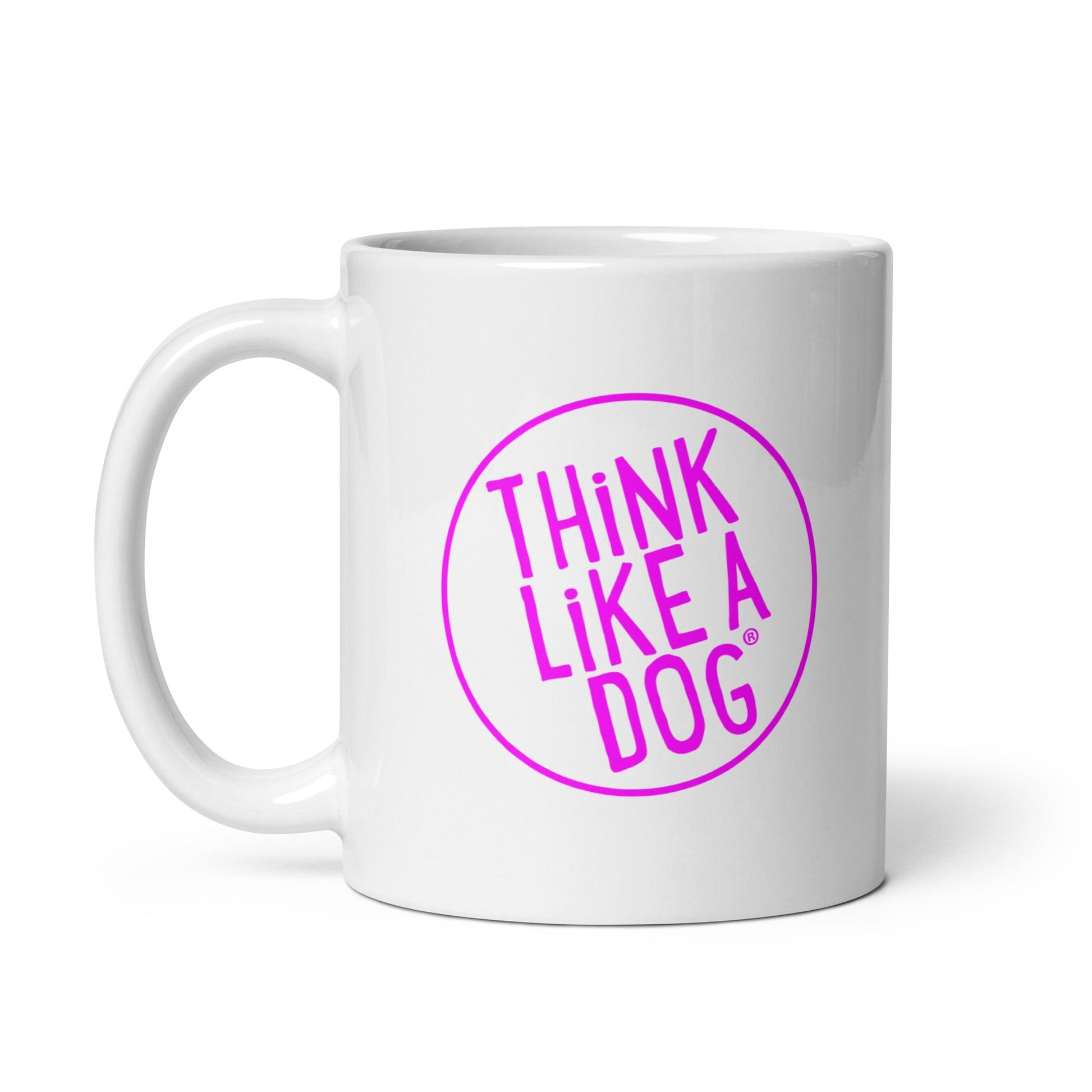 White Glossy Mug with the THiNK LiKE A DOG® Magenta Logo printed on it.