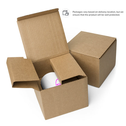 Open cardboard boxes with one containing a secure White Glossy Mug Magenta THiNK LiKE A DOG® Logo, suggesting careful packaging for transportation.