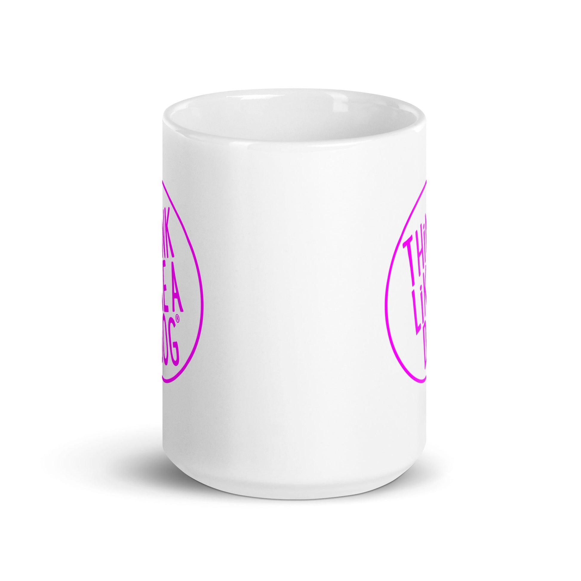 Glossy white mug with pink THiNK LiKE A DOG® graphics for dog lovers.