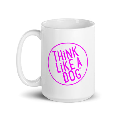 White Glossy Mug with the THiNK LiKE A DOG® logo inside a pink circle on the side.