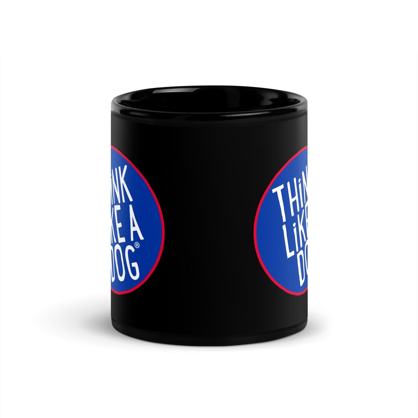 A THiNK LiKE A DOG® NASA Meatball Colorway Logo on Black Glossy Mug, perfect for dog lovers.