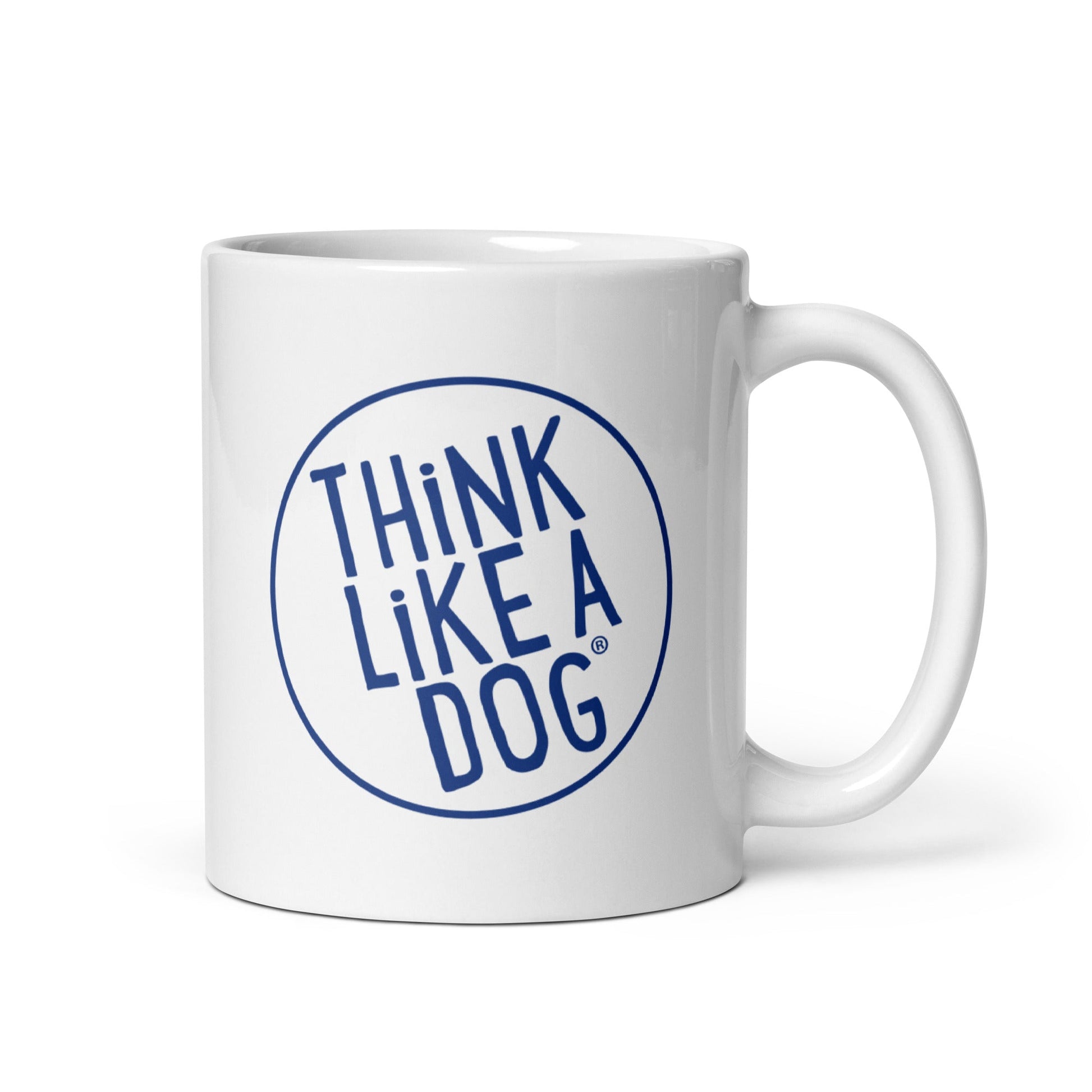 A THiNK LiKE A DOG® white glossy mug with the "THiNK LiKE A DOG®" text printed in a blue circle, perfect for dog lovers.