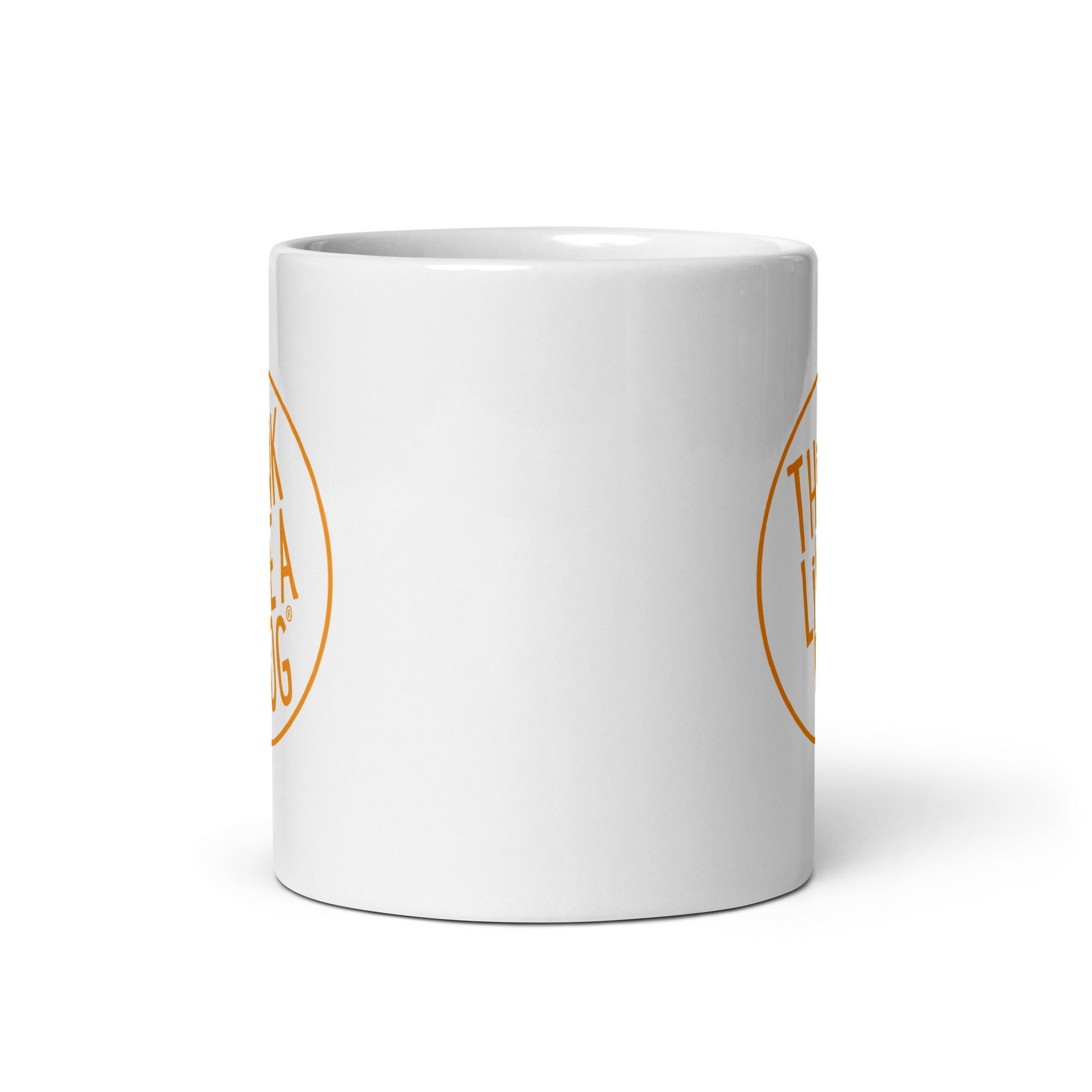 A THiNK LiKE A DOG® Orange Logo on White Glossy Mug for dog lovers with orange circles.