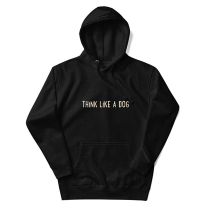 Unisex Premium Hoodie in Papaya Whip With THiNK LiKE A DOG® Logo, crafted from a soft cotton blend, with the phrase "think like a dog" printed on the front.