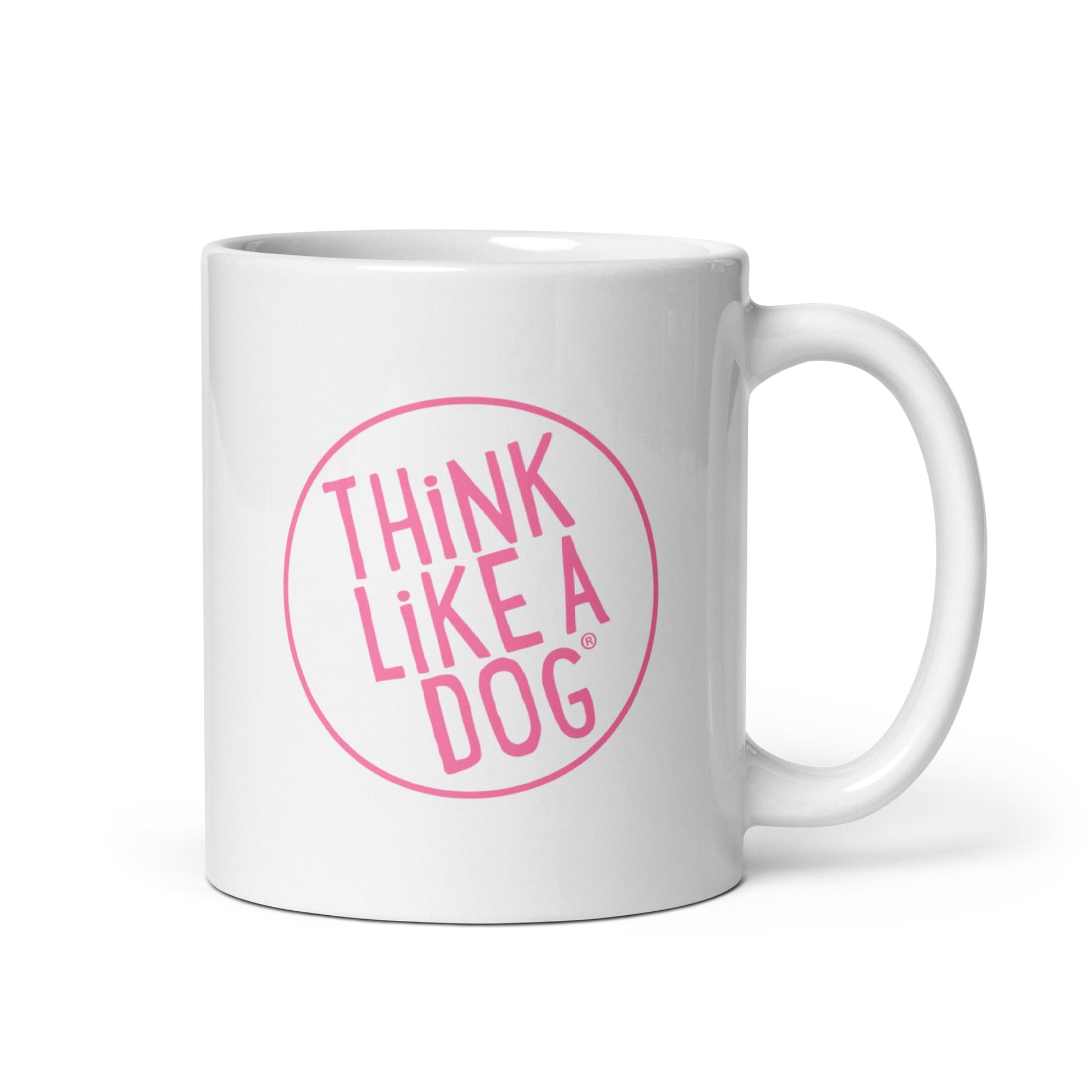 Think like a THiNK LiKE A DOG® Pink Logo on White Glossy Mug for dog lovers.