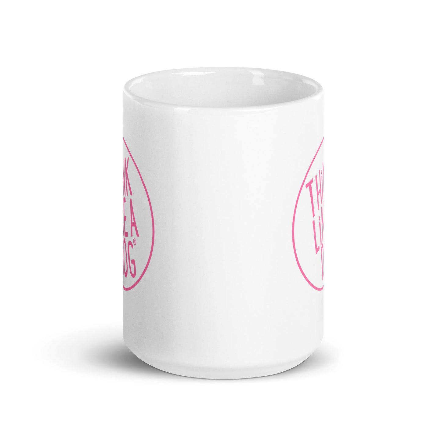 A THiNK LiKE A DOG® Pink Logo on White Glossy Mug, perfect for dog lovers.