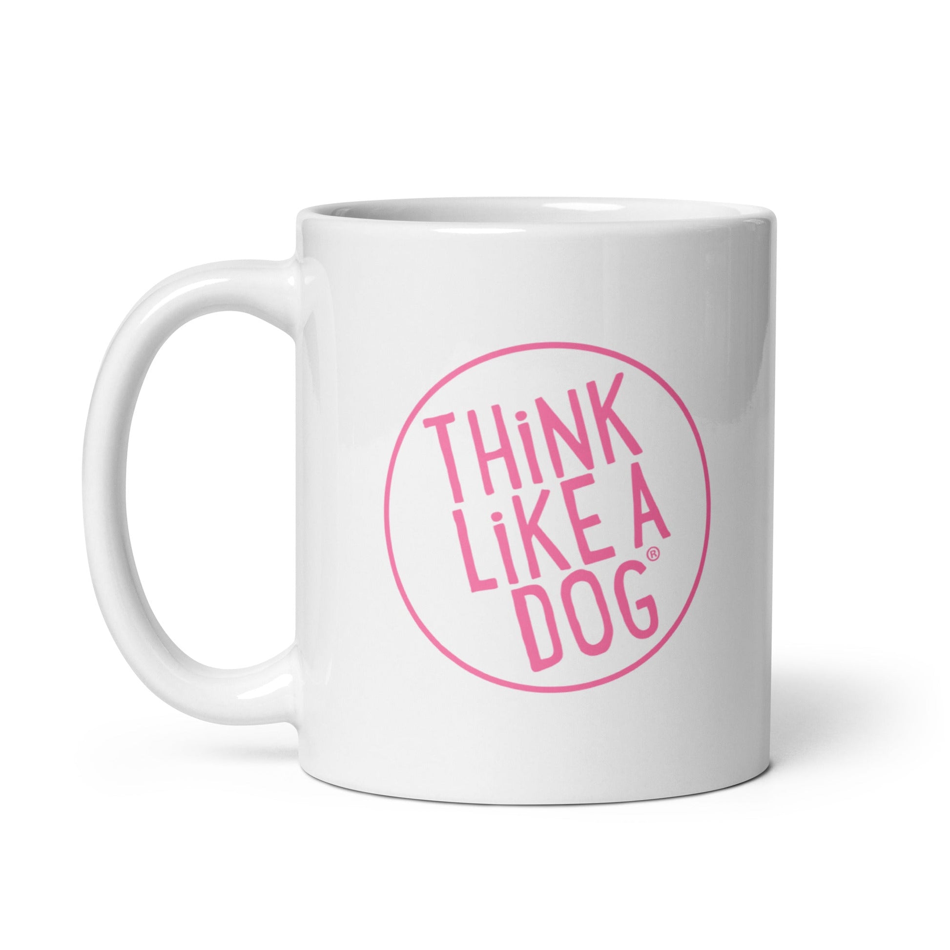 A white mug with THiNK LiKE A DOG® Pink Logo for dog lovers.