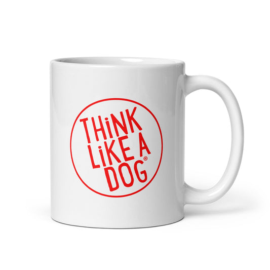A THiNK LiKE A DOG® Red Logo on White Glossy Mug for dog lovers.