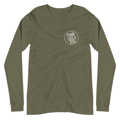 The THiNK LiKE A DOG® Unisex Long Sleeve Tee with Small White "Think Like A Dog" Logo in olive green is perfect for dog lovers. This comfortable and stylish dog-themed apparel features a circular logo on the left chest, making it ideal for any casual outing.