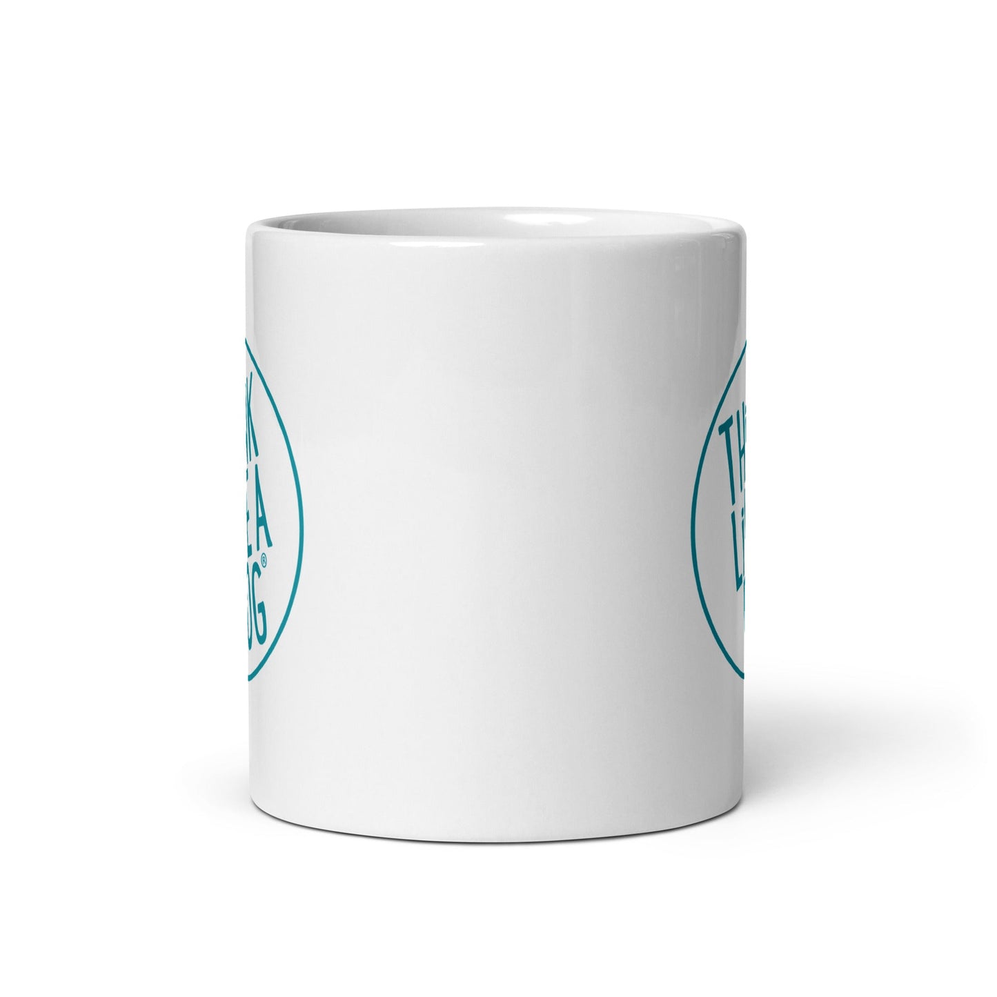 White glossy mug with blue "tea bags" text and THiNK LiKE A DOG® logo on both sides, perfect for dog lovers.