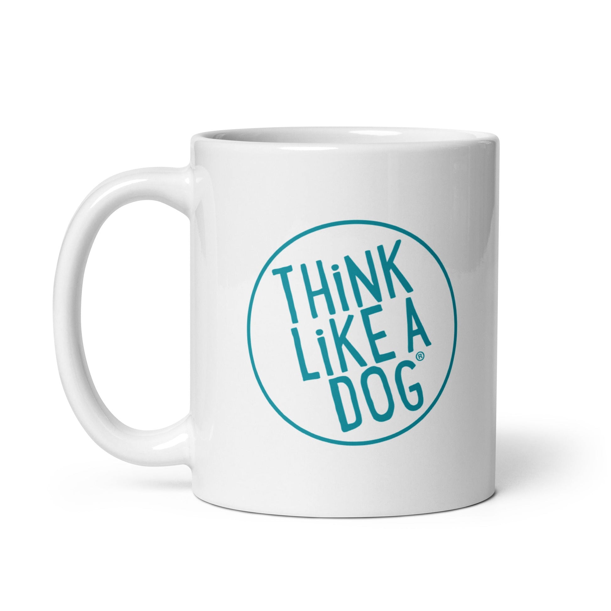 White Glossy Mug Teal THiNK LiKE A DOG® Logo with the phrase "THiNK LiKE A DOG®" printed on it, perfect for dog lovers.