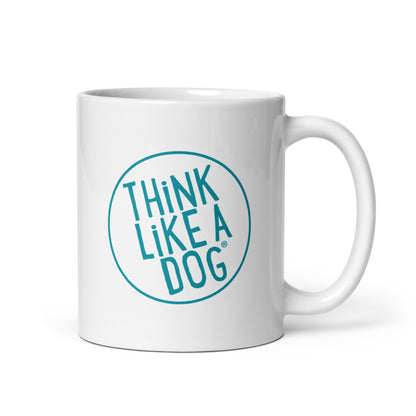 White Glossy Mug Teal THiNK LiKE A DOG® Logo with the text "THiNK LiKE A DOG®" in a blue circle, perfect for dog lovers.