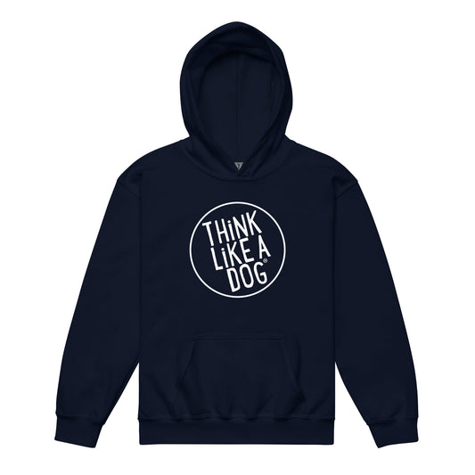 Navy blue THiNK LiKE A DOG® Kids Heavy Blend Hoodie with a "think like a dog" slogan printed on the front.
