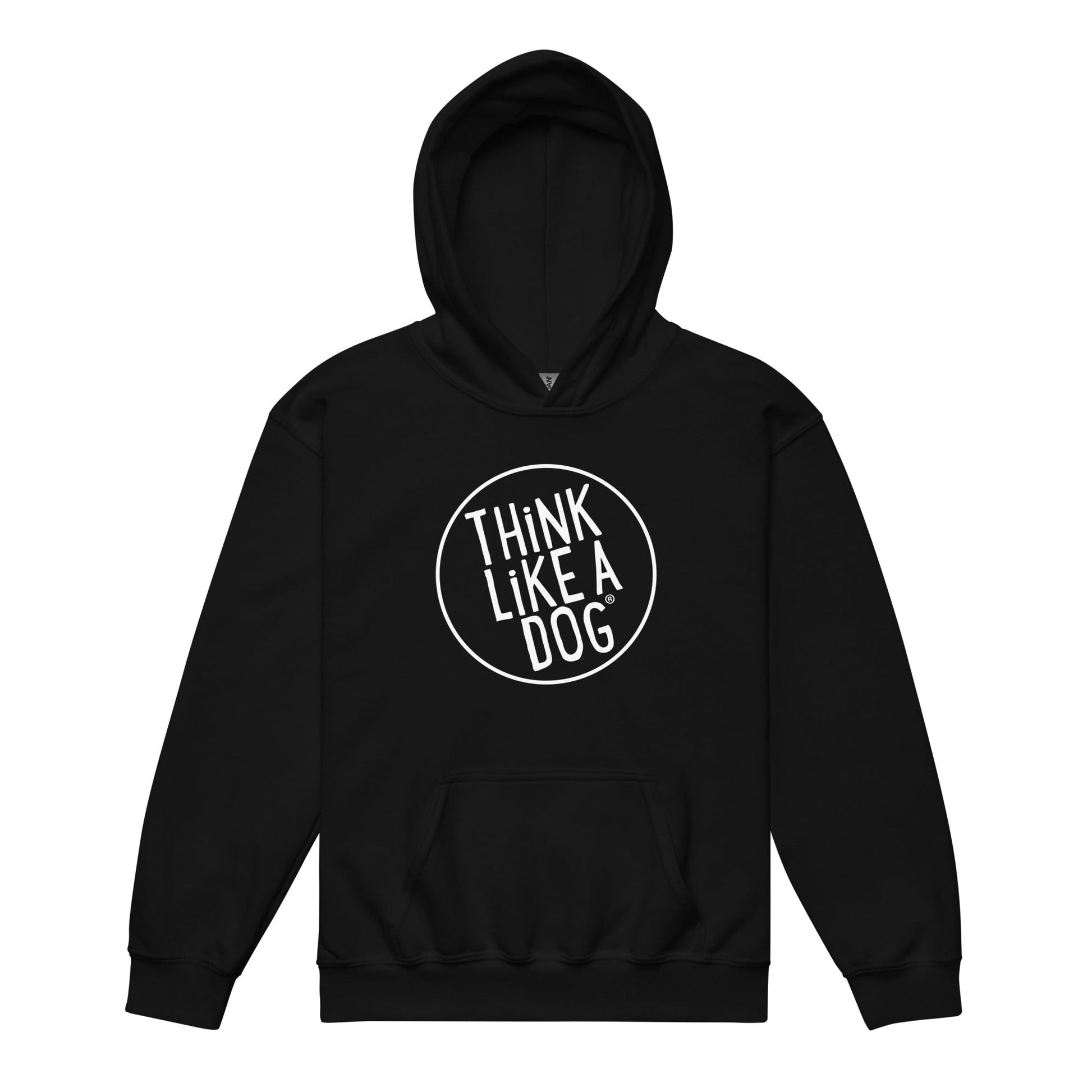 Kids Heavy Blend Hoodie With THiNK LiKE A DOG® White Logo, black, with "think like a dog" text in a breathable cotton white circle design on the front.