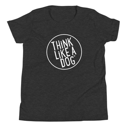 The THiNK LiKE A DOG® Kids' Short Sleeve T-Shirt - Think Like a Dog White Logo - Fun Dog-Themed Apparel is a black shirt featuring a white circular logo with the text "Think Like A Dog." It's an inspirational and fun choice for young animal lovers.