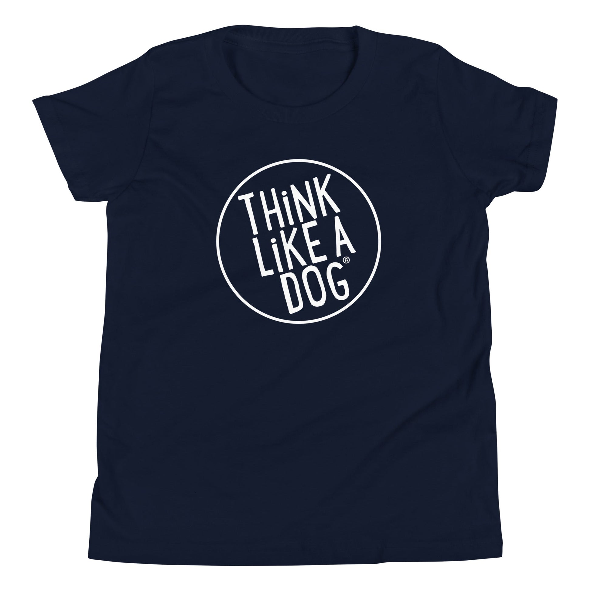 A navy blue Kids' Short Sleeve T-Shirt from the brand THiNK LiKE A DOG®, showcasing the "Think Like a Dog" white logo encased in a white circular border on the front.