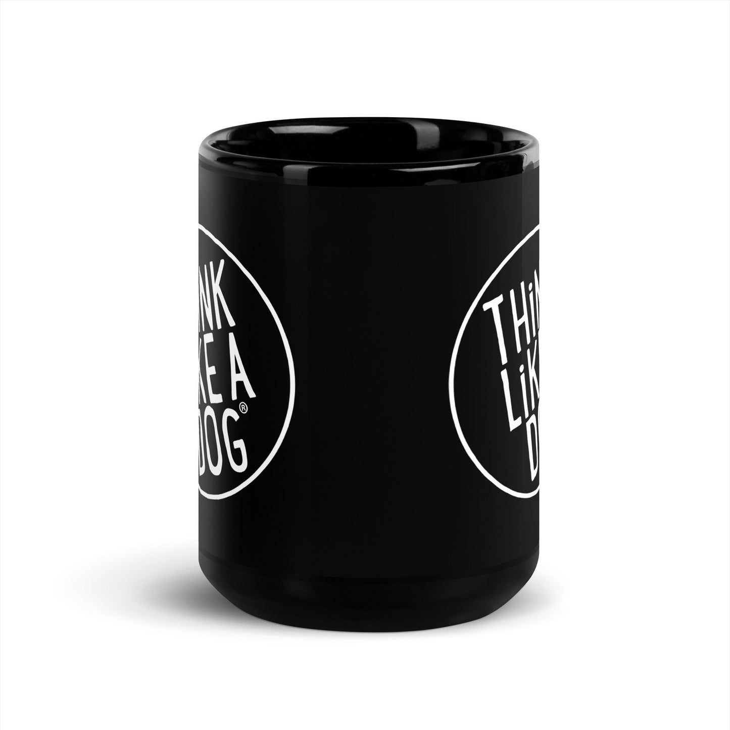 THiNK LiKE A DOG® White Logo on Black Glossy Mug for dog lovers.