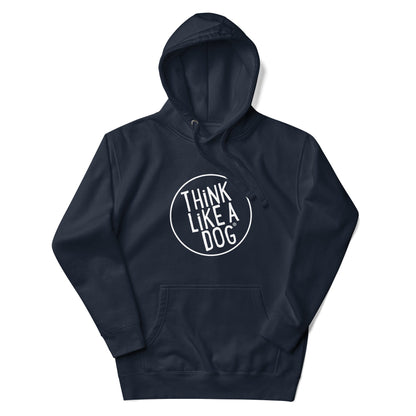 Navy blue THiNK LiKE A DOG® Unisex Premium Hoodie with "think like a dog" text in a white circle on the front, embodying streetwear fashion.