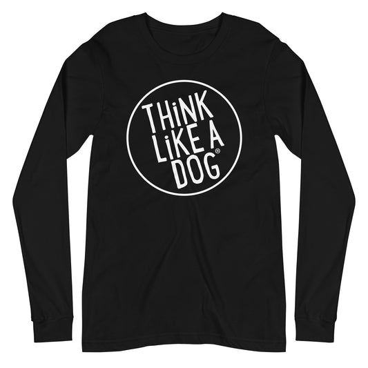 Unisex long sleeve tee from THiNK LiKE A DOG® featuring a circular white logo with the text "THINK LIKE A DOG" in uppercase letters on the front, perfect for dog lovers.